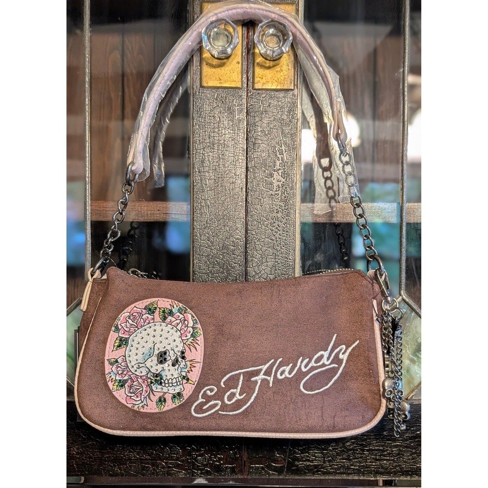 NWT Ed Hardy Brown Suede Rhinestone Skull Baguette Shoulder Bag Pink y2k style